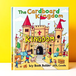 A whimsical and colorful book cover design for a children's adventure titled 'The Cardboard Kingdom' by Box Fort Builder