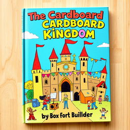 A whimsical and colorful book cover design for a children's adventure titled 'The Cardboard Kingdom' by Box Fort Builder