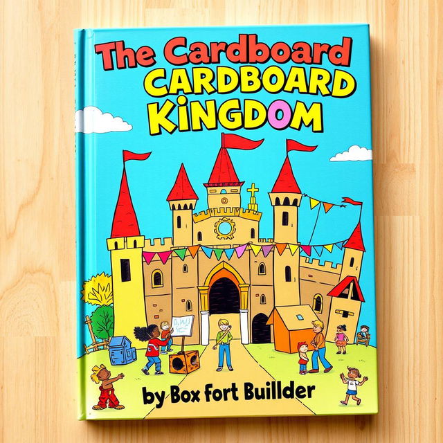 A whimsical and colorful book cover design for a children's adventure titled 'The Cardboard Kingdom' by Box Fort Builder