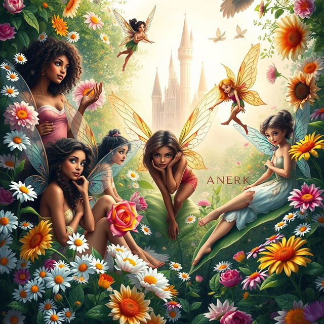 A stunning and magical book cover featuring several diverse fairies in a lush, vibrant garden surrounded by blooming flowers like daisies, roses, and sunflowers