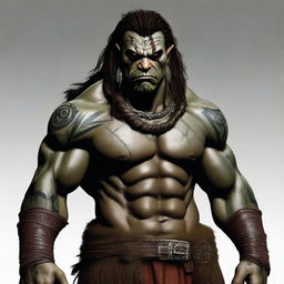 A realistic digital art image of a half-orc barbarian with tribal tattoos, scars, and dreadlocks