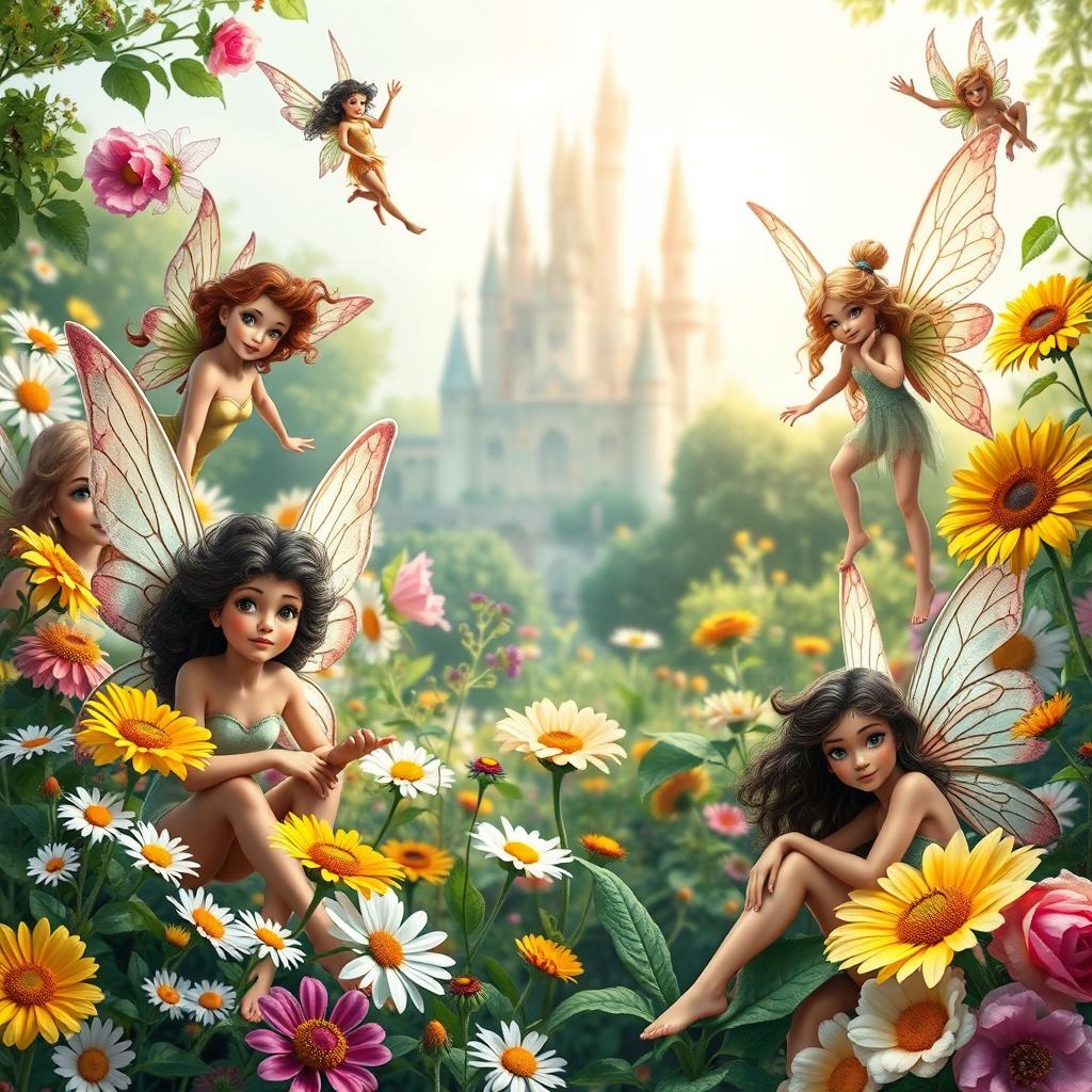 A stunning and magical book cover featuring several diverse fairies in a lush, vibrant garden surrounded by blooming flowers like daisies, roses, and sunflowers