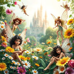 A stunning and magical book cover featuring several diverse fairies in a lush, vibrant garden surrounded by blooming flowers like daisies, roses, and sunflowers