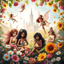 A stunning and magical book cover featuring several diverse fairies in a lush, vibrant garden surrounded by blooming flowers like daisies, roses, and sunflowers