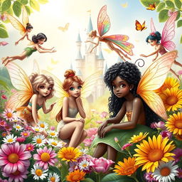 A stunning and magical book cover featuring several diverse fairies in a lush, vibrant garden surrounded by blooming flowers like daisies, roses, and sunflowers