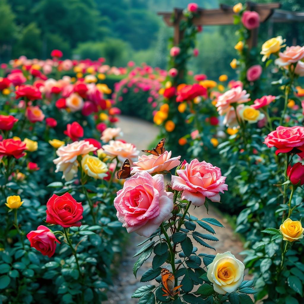 A stunning rose garden in full bloom, showcasing a vibrant array of colorful roses in various shades of red, pink, yellow, and white