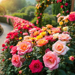 A stunning rose garden in full bloom, showcasing a vibrant array of colorful roses in various shades of red, pink, yellow, and white