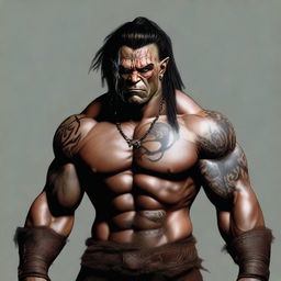 A realistic digital art image of a half-orc barbarian with tribal tattoos, scars, and dreadlocks