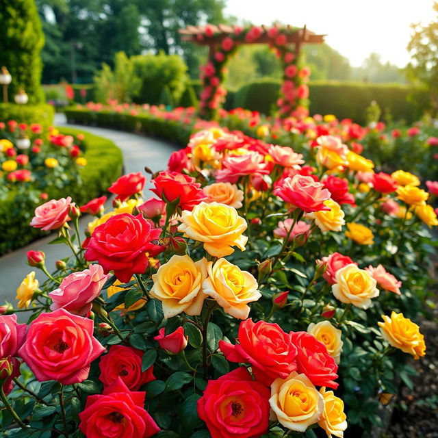 A stunning rose garden in full bloom, showcasing a vibrant array of colorful roses in various shades of red, pink, yellow, and white