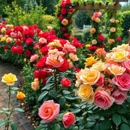 A stunning rose garden in full bloom, showcasing a vibrant array of colorful roses in various shades of red, pink, yellow, and white