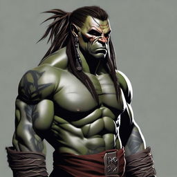 A realistic digital art image of a half-orc barbarian with tribal tattoos, scars, and dreadlocks