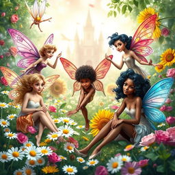A magical book cover featuring several diverse fairies in a lush, vibrant garden filled with blooming daisies, roses, and sunflowers
