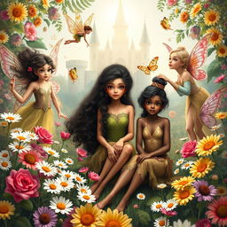 A magical book cover featuring several diverse fairies in a lush, vibrant garden filled with blooming daisies, roses, and sunflowers