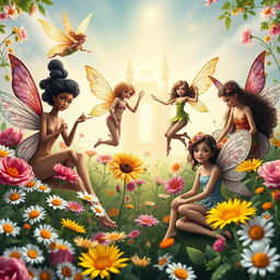 A magical book cover featuring several diverse fairies in a lush, vibrant garden filled with blooming daisies, roses, and sunflowers