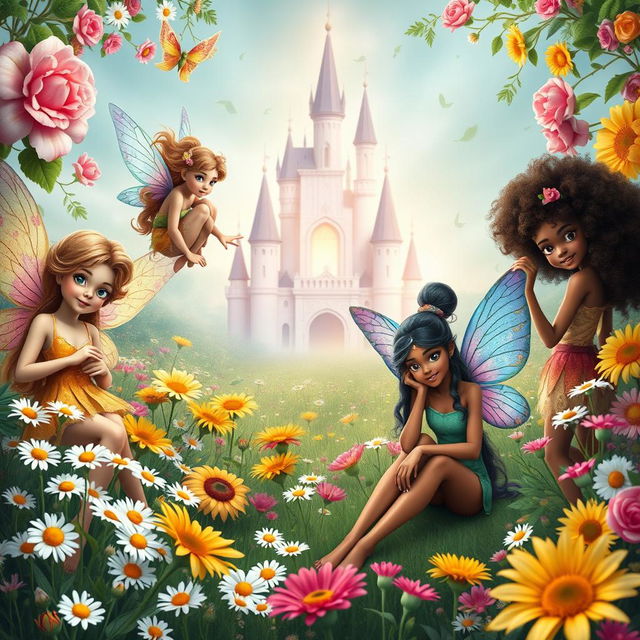 A magical book cover featuring several diverse fairies in a lush, vibrant garden filled with blooming daisies, roses, and sunflowers