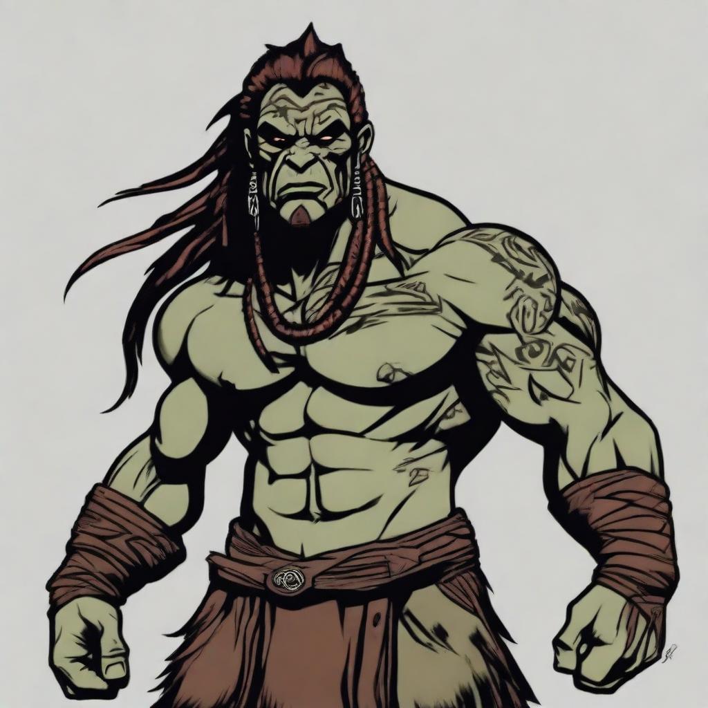 A digital art image of a half-orc barbarian with a wiry build, tribal tattoos, scars, and dreadlocks