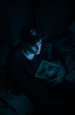 A dark, moody scene depicting a person lost in thought, their gaze fixated on a photograph of someone they are infatuated with