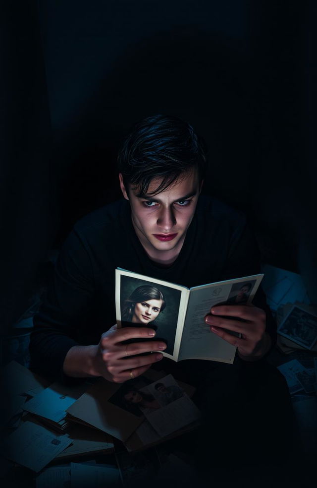 A dark, moody scene depicting a person lost in thought, their gaze fixated on a photograph of someone they are infatuated with