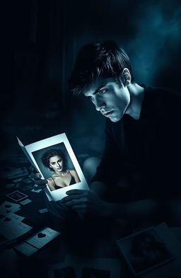 A dark, moody scene depicting a person lost in thought, their gaze fixated on a photograph of someone they are infatuated with