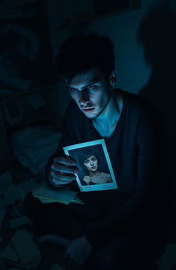 A dark, moody scene depicting a person lost in thought, their gaze fixated on a photograph of someone they are infatuated with