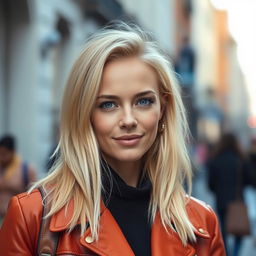 A 30-year-old woman with light blonde hair and European features, dressed in stylish clothing