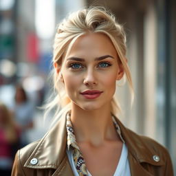 A 30-year-old woman with light blonde hair and European features, dressed in stylish clothing