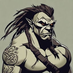 A digital art image of a half-orc barbarian with a wiry build, tribal tattoos, scars, and dreadlocks