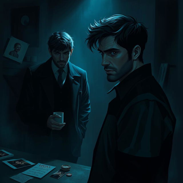 A dark, moody scene depicting two men caught in the throes of unrequited love that spirals into an unhealthy obsession