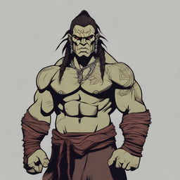 A digital art image of a half-orc barbarian with a wiry build, tribal tattoos, scars, and dreadlocks