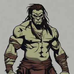 A digital art image of a half-orc barbarian with a wiry build, tribal tattoos, scars, and dreadlocks