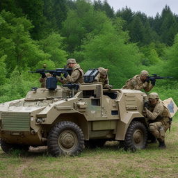 5 combatants in military fatigue, armed with assault rifles, missile launcher and radio in a rugged terrain vehicle