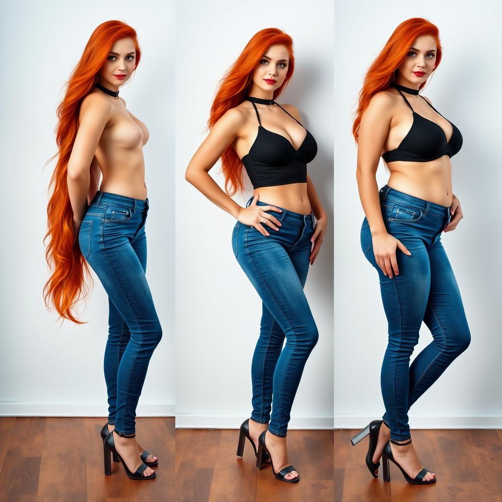 Three full length photos of a beautiful, sexy girl with long, flowing flame red hair and striking bright makeup