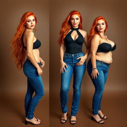 Three full length photos of a beautiful, sexy girl with long, flowing flame red hair and striking bright makeup