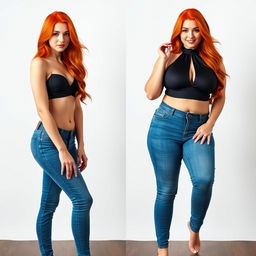 Three full length photos of a beautiful, sexy girl with long, flowing flame red hair and striking bright makeup