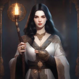 A digital art image of a beautiful, pale-skinned woman wizard with dark hair and scars