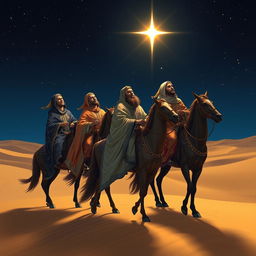 The three magi in luxurious, flowing robes adorned with intricate patterns, traveling on majestic horses through a vast desert landscape at night