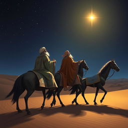 The three magi in luxurious, flowing robes adorned with intricate patterns, traveling on majestic horses through a vast desert landscape at night