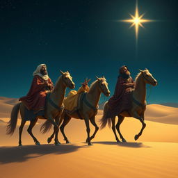 The three magi in luxurious, flowing robes adorned with intricate patterns, traveling on majestic horses through a vast desert landscape at night
