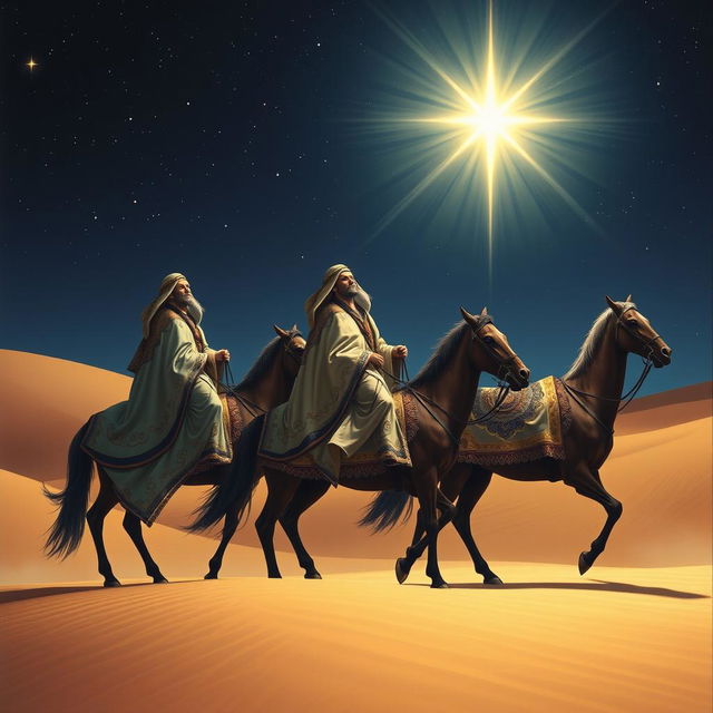 The three magi in luxurious, flowing robes adorned with intricate patterns, traveling on majestic horses through a vast desert landscape at night