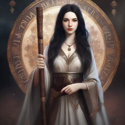 A digital art image of a beautiful, pale-skinned woman wizard with dark hair and scars