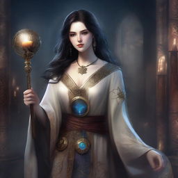 A digital art image of a beautiful, pale-skinned woman wizard with dark hair and scars