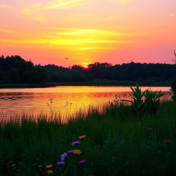 A serene landscape at sunrise, with a vibrant sky filled with hues of orange, pink, and purple