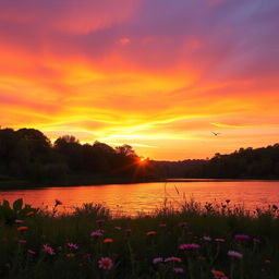 A serene landscape at sunrise, with a vibrant sky filled with hues of orange, pink, and purple