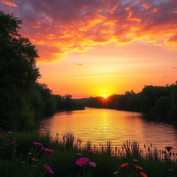 A serene landscape at sunrise, with a vibrant sky filled with hues of orange, pink, and purple