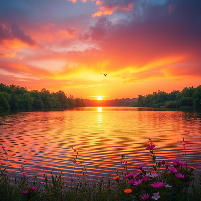 A serene landscape at sunrise, with a vibrant sky filled with hues of orange, pink, and purple