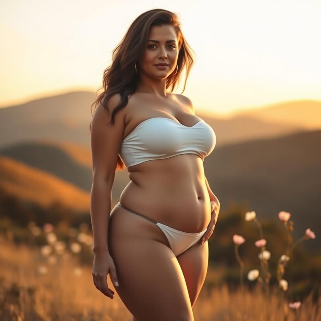 A curvaceous woman standing in a serene natural setting, with an emphasis on her confident posture