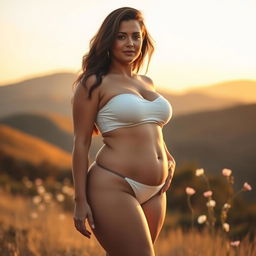 A curvaceous woman standing in a serene natural setting, with an emphasis on her confident posture