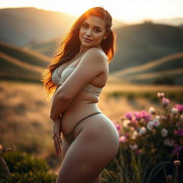 A curvaceous woman standing in a serene natural setting, with an emphasis on her confident posture