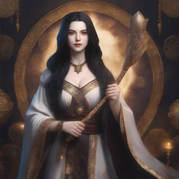 A digital art image of a beautiful, pale-skinned woman wizard with dark hair and scars