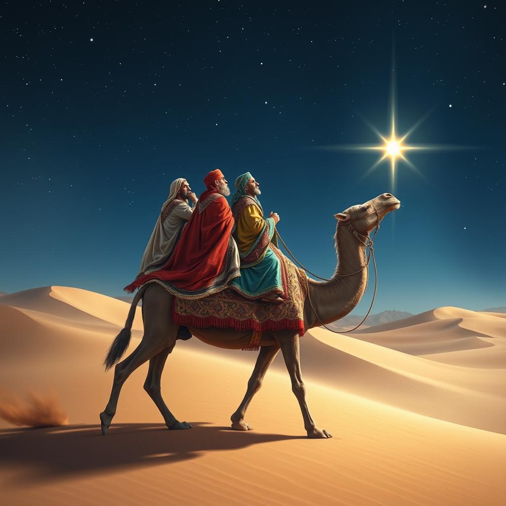 Three wise men riding on a majestic camel through a desert landscape under a starry night sky